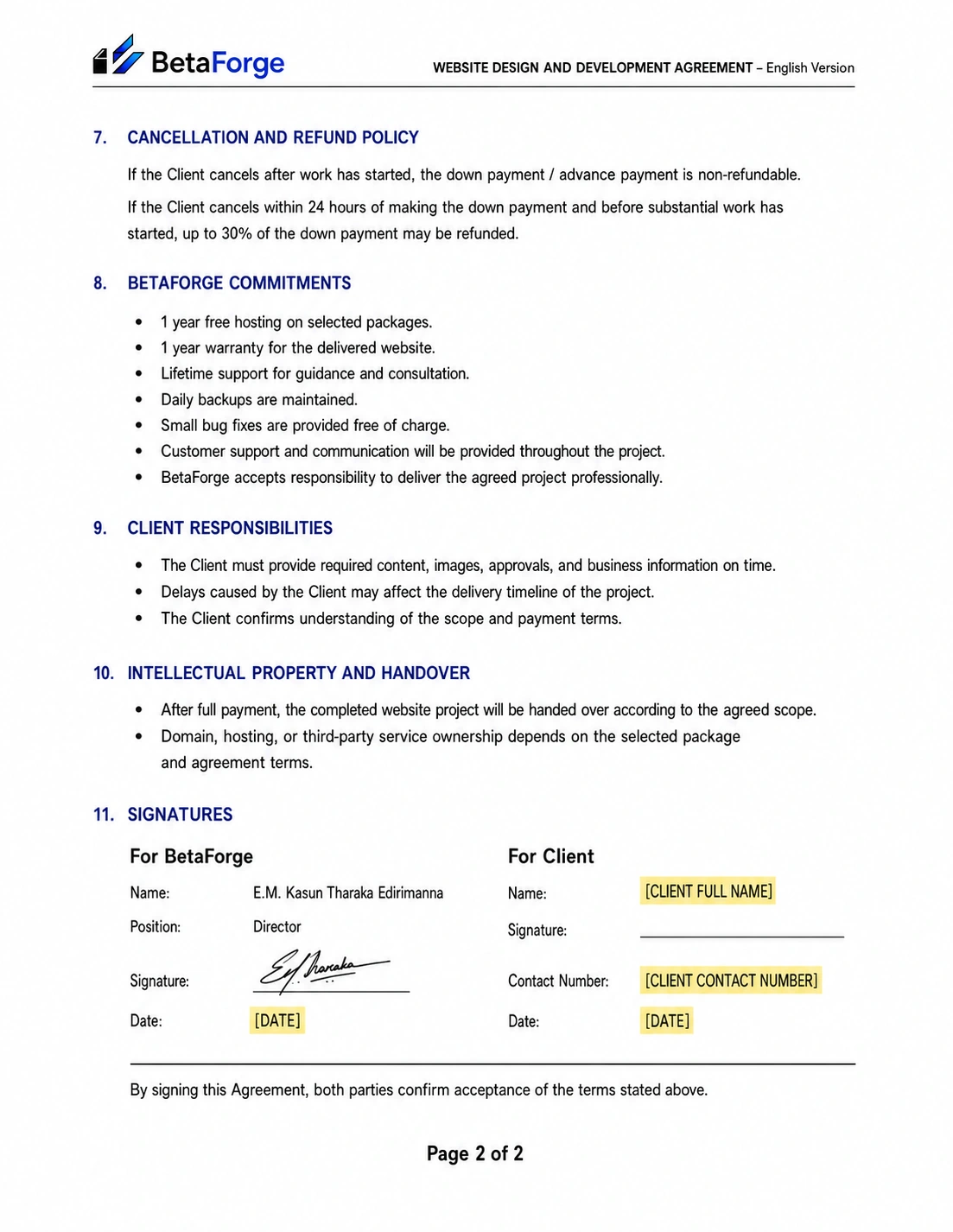 BetaForge Website Design and Development Agreement - Page 2